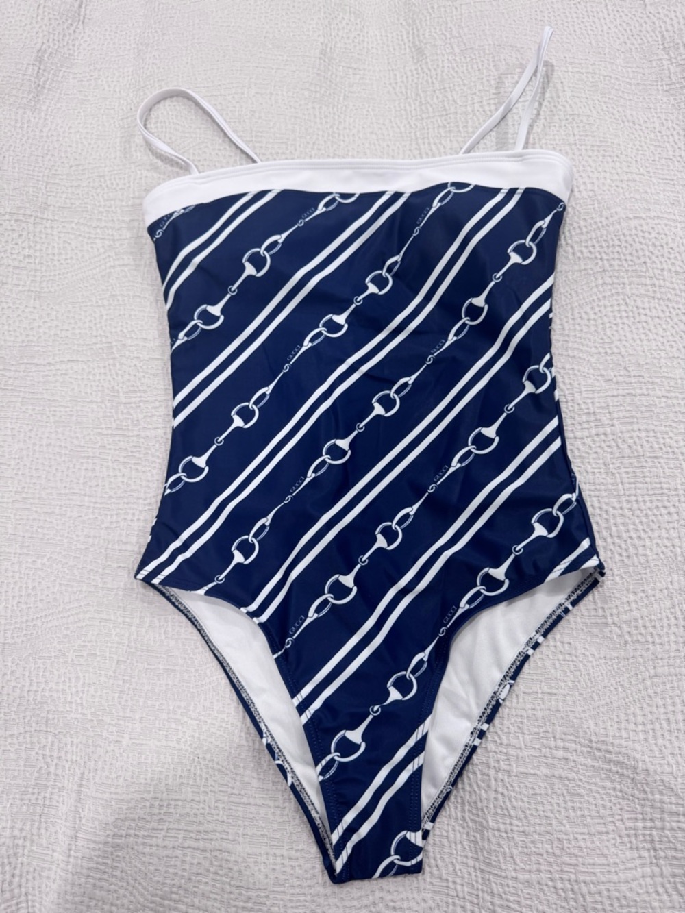 Navy and White Striped One-Piece Swimsuit with Chain-Print